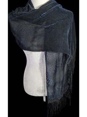 Joann Chaimson Blue Burnt Velvet Fringe Scarf Wrap 60x14 Inches With 5.5-Inch Fr